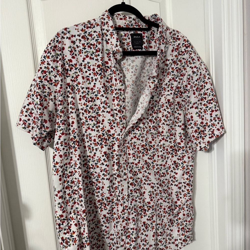 RVCA Men's Casual Floral Button Down Shirt - White and Red